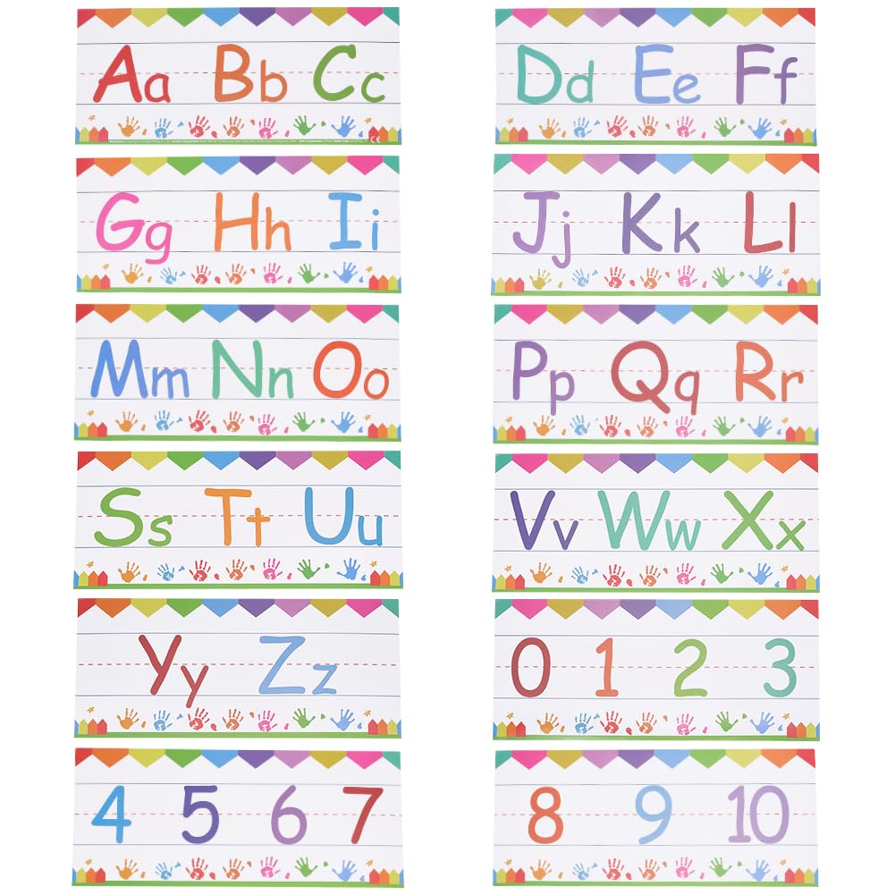 SOFPLATE 12Pcs Alphabet Bulletin Board Cards Classroom ABC Wall Letters with Stickers Colorful Line Border Words Banner Rectangle Waterproof Paper Cards for Preschool Classroom Bedroom Wall Decor