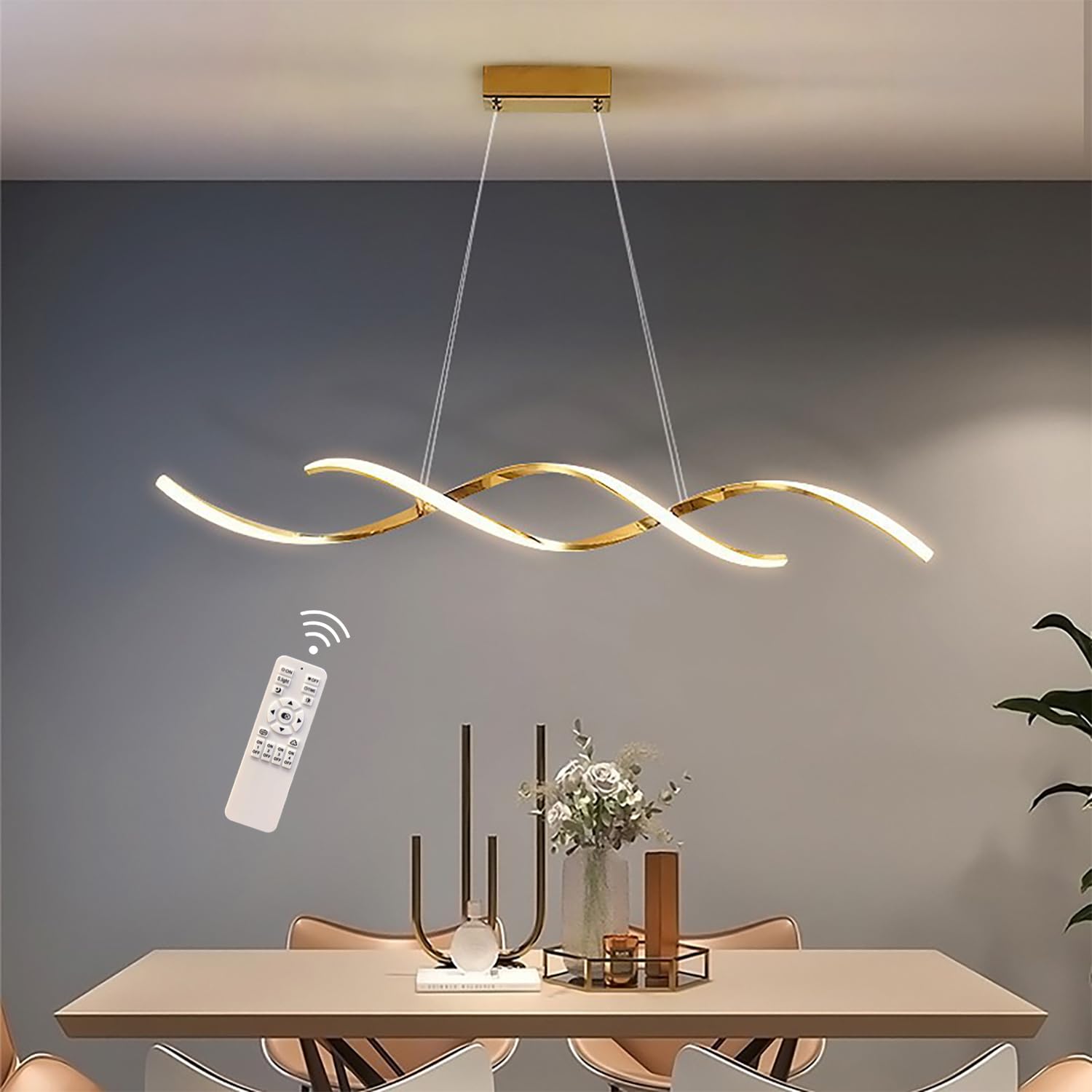 Modern LED Ceiling Pendant Light,Dimmable Hanging Light with Remote Control,Height Adjustable Chandelier,Creative Metal and Acrylic Hanging Light Fixture,for Restaurant Kitchen Bar (Gold Plated, L120)