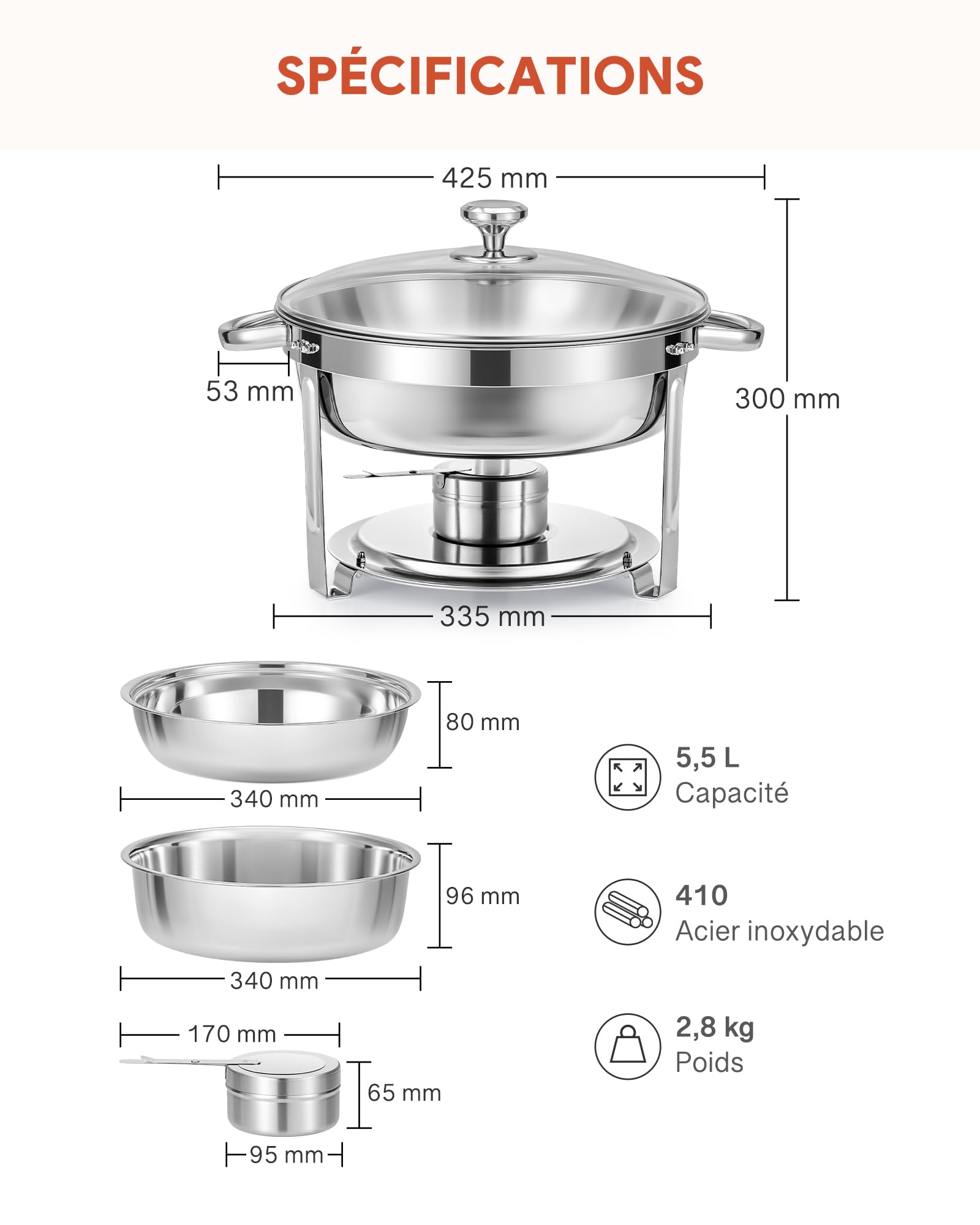 WILPREP Lot de 4 Buffets Chauffants Ronds Chafing Dish Rond 5,5L Chauffe Plat à Combustible en Acier Inoxydable Alimentaire avec Couvercle en Verre pour Les Fêtes Buffets Banquets Dîners