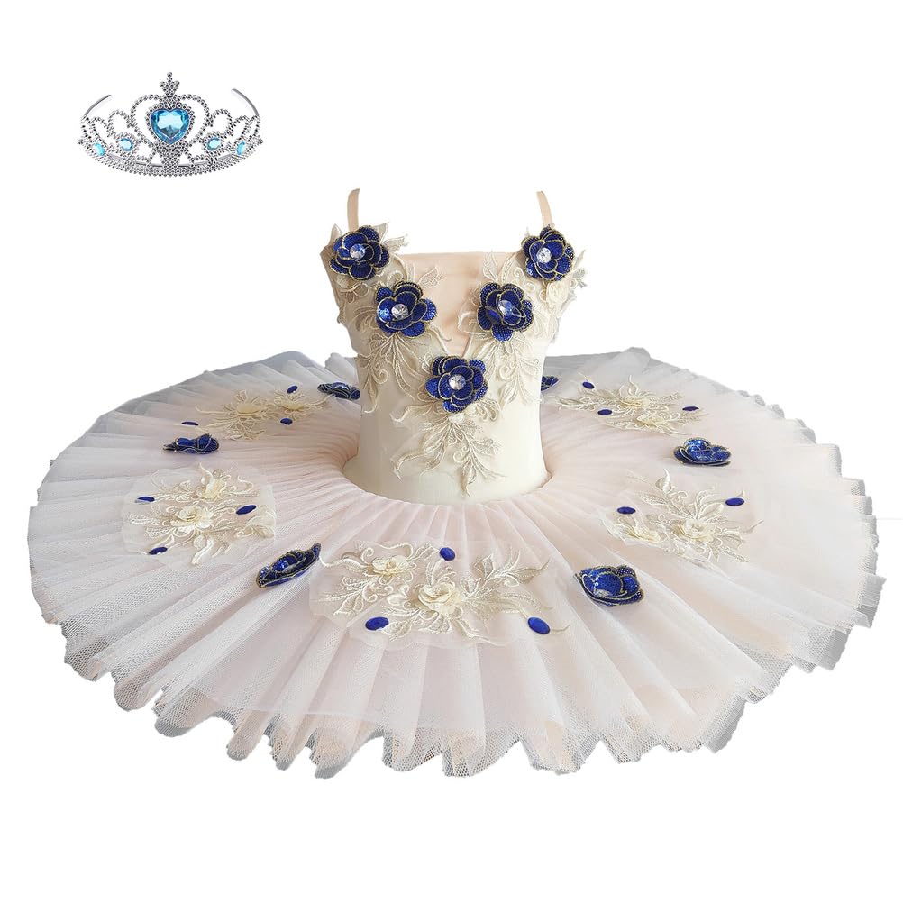 Mädchen Blumenstickerei Pfannkuchen-Tutu Ballettkleid Professionelles Ballerina-Kostüm für Kindertanzwettbewerbe Shows