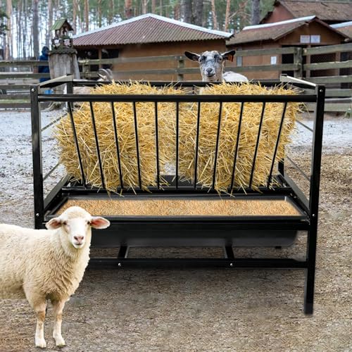 MUALROUS 2 in 1 Hay Feeder for Goats, Horses, Cows, Sheep, and Cattle - Outdoor Pasture Grain Feeder With 2 Deeper Feeding Troughs for Livestock