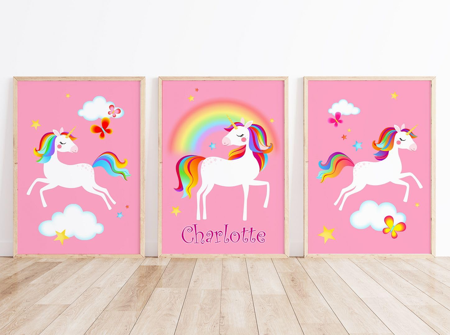 Rubybloom Designs Personalised Dancing Rainbow Unicorns and Butterfly Prints - A4 (21cm x 29.7cm) UNFRAMED - Set of 3 - Girls Name Childrens Gift Wall Art Picture