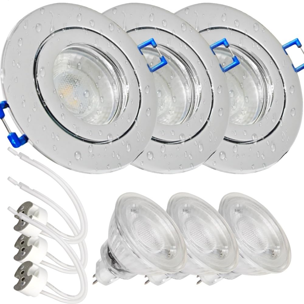 LED Einbauspots Set 12V IP44 3er – Chrom Decken Einbaustrahler für Feuchträume wie Bad & Küche, 3W 250lm 4000K neutralweiß, Ø 60–68mm, inkl. LED-Trafo & MR16-Fassungen – ideal zur Umrüstung