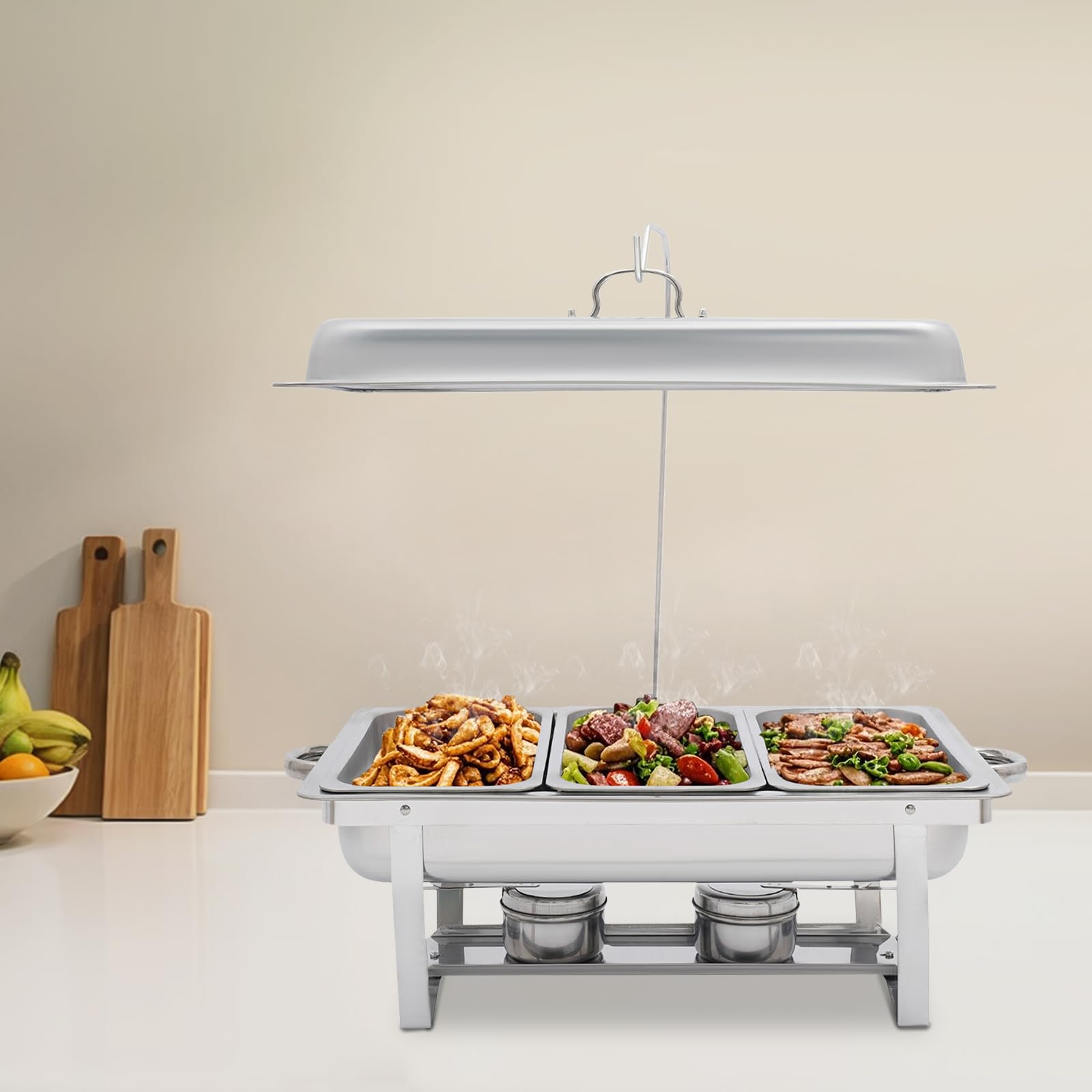 Chafing Dish - Scaldavivande da 9 l, in acciaio inox, con 3 contenitori (3 l ciascuno), per buffet e catering, contenitore termico per feste e matrimoni (56 x 35,5 x 7,5 cm)