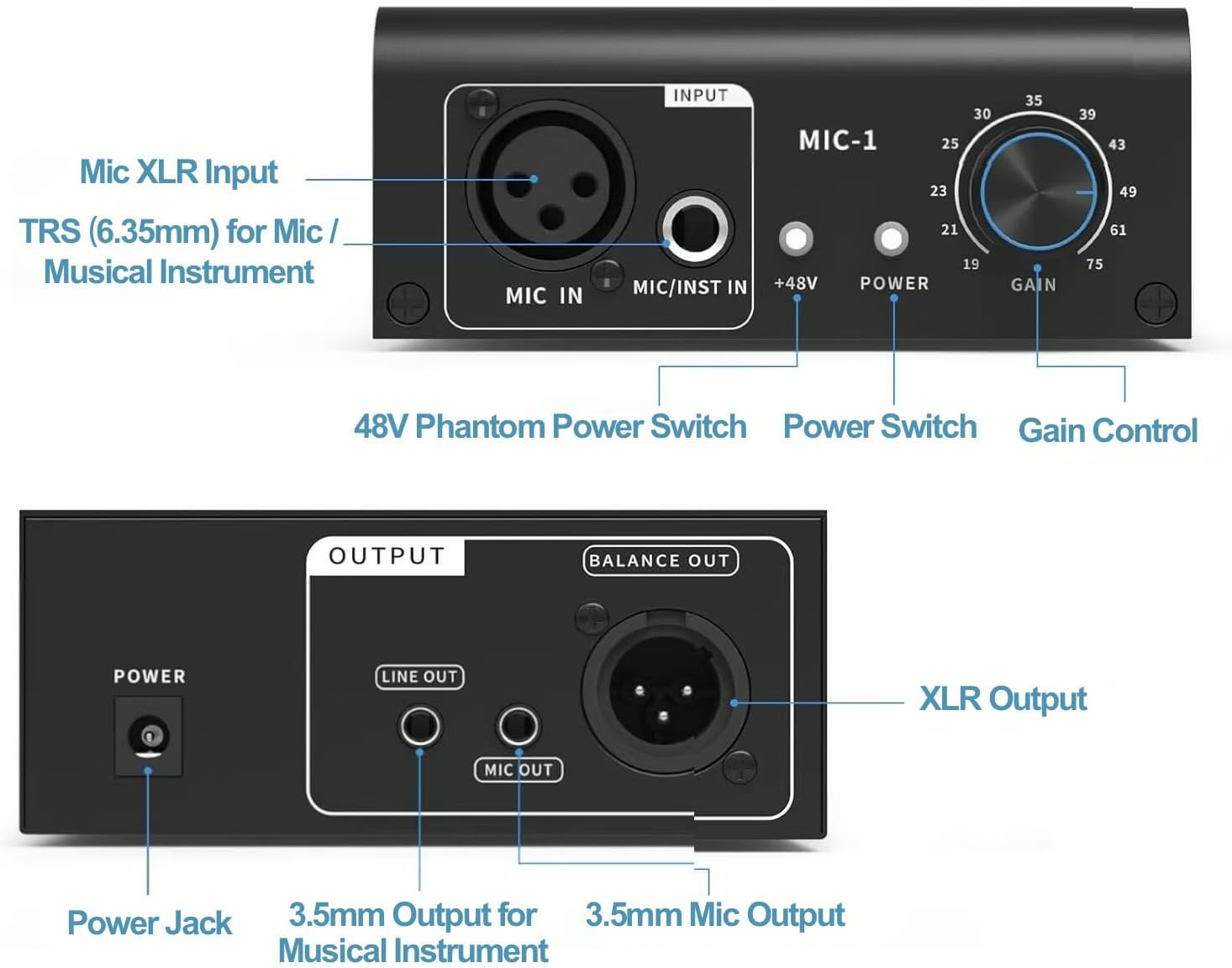 Microphone Preamp, Dynamic and Condenser Mic Pre amp Booster with 48V Phantom Power Supply for Microphone, XLR Out, XLR TRS In, Max 75db Gain