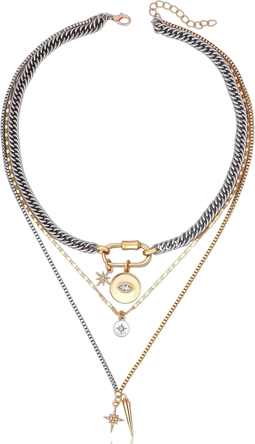 Gold Layered Necklace for Women, 3PCS Chunky Dainty Stackable Layering Rosary Chain Cross Carabiner Evil Eye Charm Necklaces Set Necklace Trendy Boho Vintage Jewelry Gift