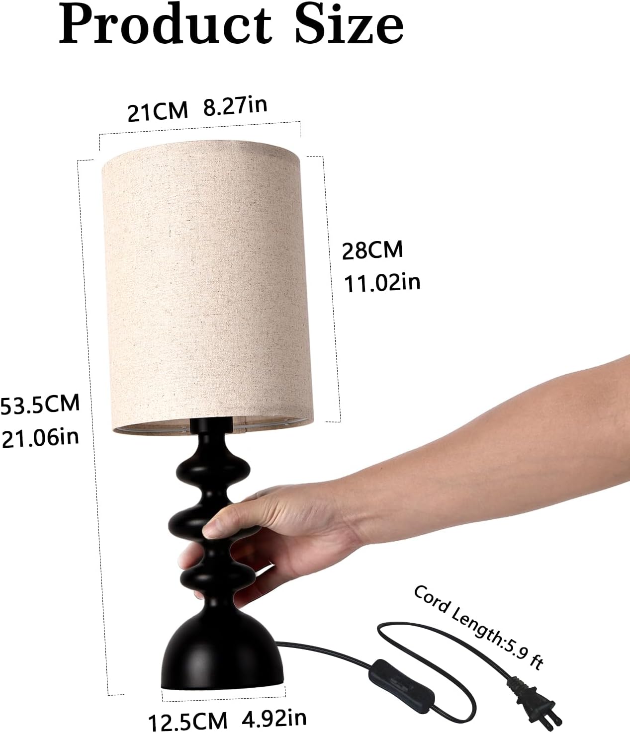 Modern Black Spiral Base Table Lamp with White Fabric Cylinder Shade - Minimalist Bedside Lamp for Bedroom, Living Room, Office