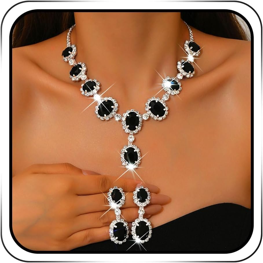 ACEDRE Black Rhinestone Wedding Jewelry Set Crystal Bridal Prom Necklace and Earrings Sets for Women
