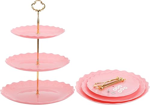 Miniatura 4 de Tosnail Paquete de 3 bandejas de plástico rosa para cupcakes de 3 niveles, soporte para postres con barra dorada de 3 estilos, bandejas de servir
