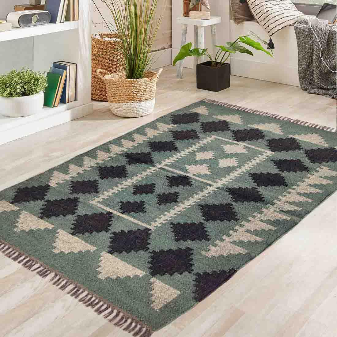 budhrajrugs Dark Green Handmade Kilim Rug | Reversible Handwoven Indian Dhurrie for Kitchen/Living Area/Bedside Carpet (3x5 Feet, Green & Black)