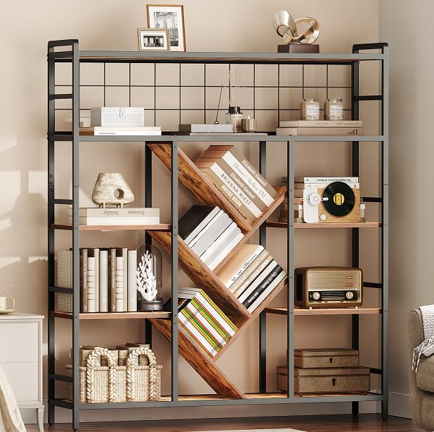 RALGEND Triple 5-Tier Bookshelf, Industrial Large Bookcase with 14 Open Display Shelves, Modern Tree Bookcase with Metal Frame and Hanging Function
