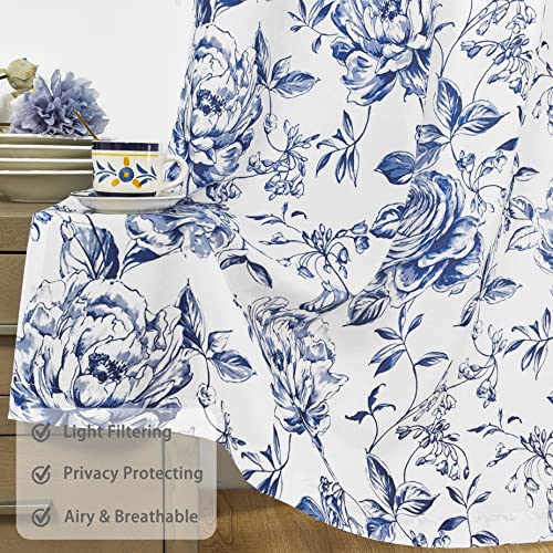Beauoop Boho Floral Light Filtering Fabric Curtains 84 Inch Long For Living Room Bedroom Botanical Rose Print Rustic Canvas Privacy Protection Drapes Grommet Window Treatment, 2 Panels, 52" Wide, Blue #TOP1