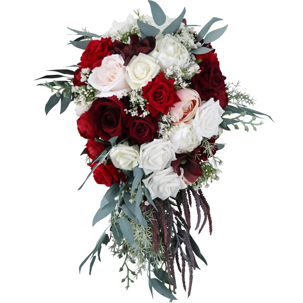 Uposao Bouquet De Mariée, Motif De Goutte d'eau Bouquet De Roses Artificielles, Bouquets De Tenue De Mariée en Cascade Accessoires De Centre De Table De Mariage d'anniversaire