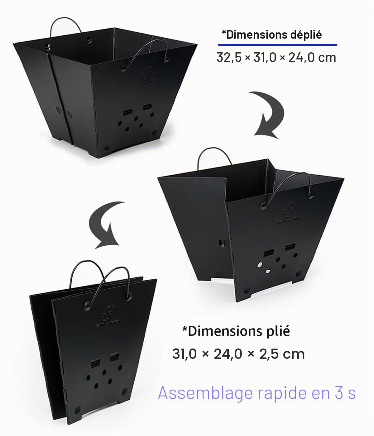 Snowpea Foyer portable pour camping, fosse extérieure pliable, pliable avec sac de transport, bol en fer pour pique-niques, feu de joie, patio, arrière-cour et jardin - grille supérieure, noir (FP-01)