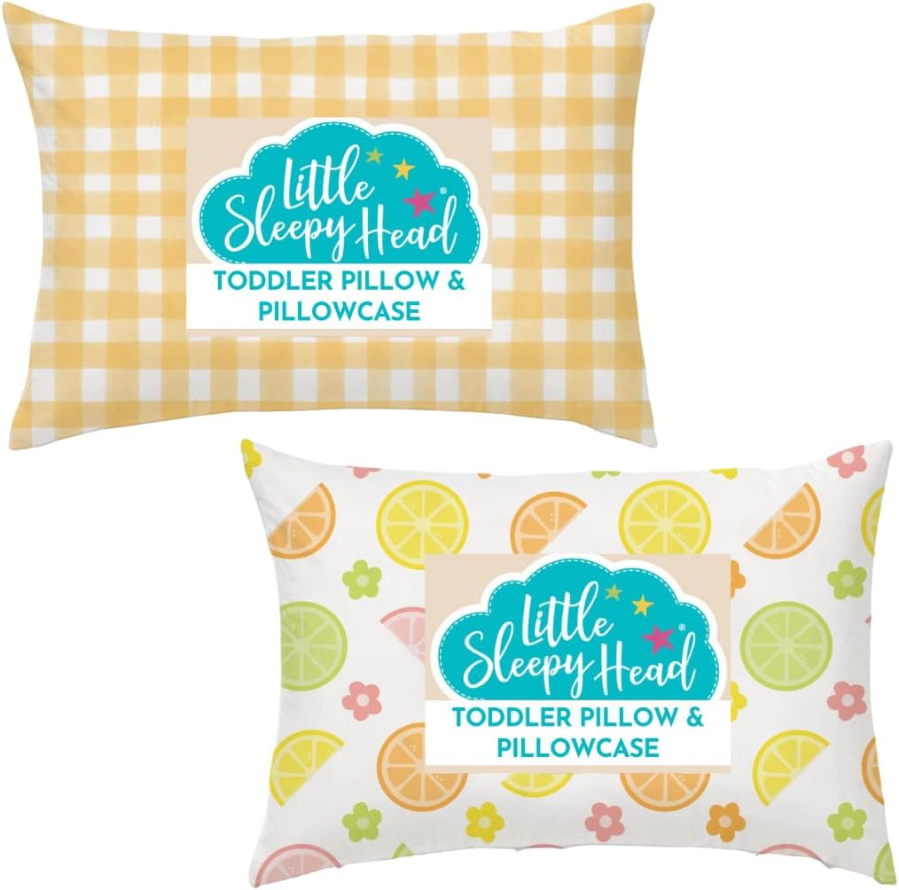 Little Sleepy Head Toddler Pillow with Pillowcase (Gingham Yellow) and Toddler Pillow with Pillowcase (Citrus Blossom) Bundle