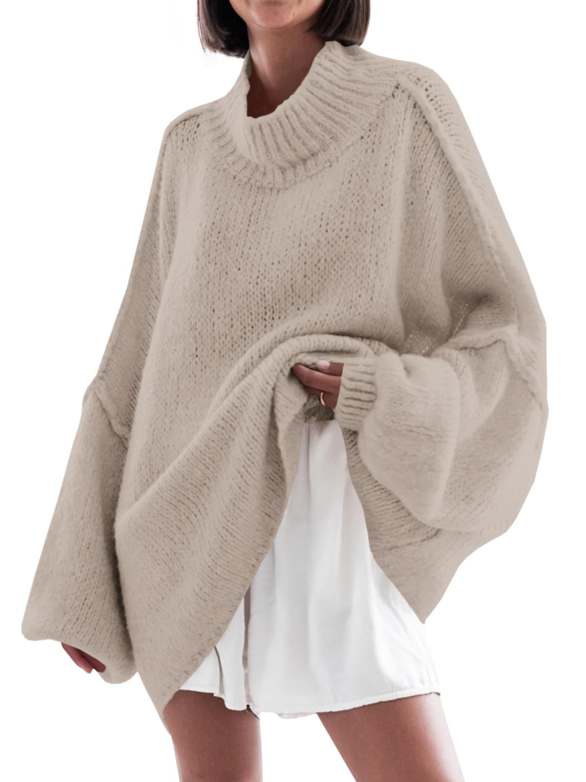 Saodimallsu Maglione da Donna, Oversize, Maniche a pistrello, in Tinta Unita, Elegante, a Collo Alto, Invernale, Casual, Lavorato a Maglia