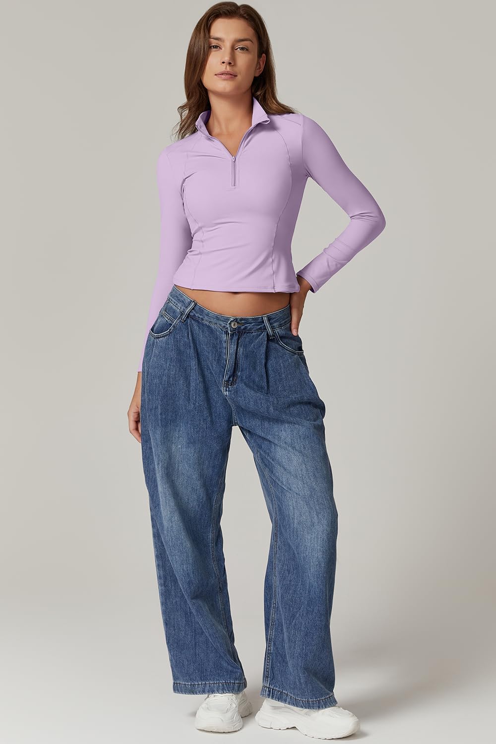 QINSEN Womens Half Zip Long Sleeve Shirts Double Lined Workout Tees Fitted Athletic Crop Tops