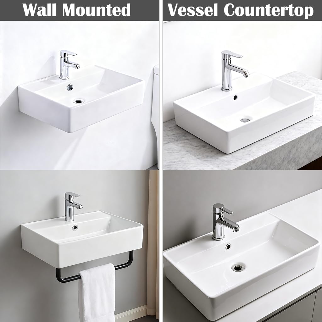 22"x12" Floating Bathroom Sink with Towel Rack, Wall Mount Rectangular Vessel Sink with Overflow, Modern Ceramic Vanity Sinks for Restroom, Rv