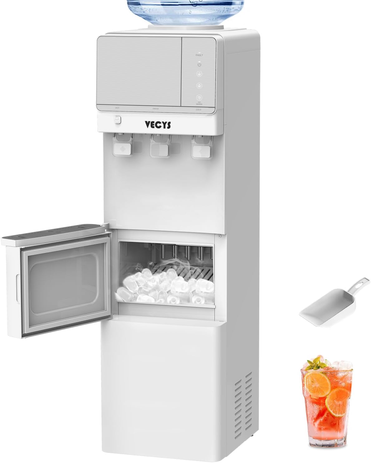 VECYS Ice Maker Water Cooler Dispenser, Hot Cold Room Water and 27LBS Daily Ice Making for 3 or 5 Gallon Bottles, Child Safety Lock, Ideal for Home and Office, Flat Black