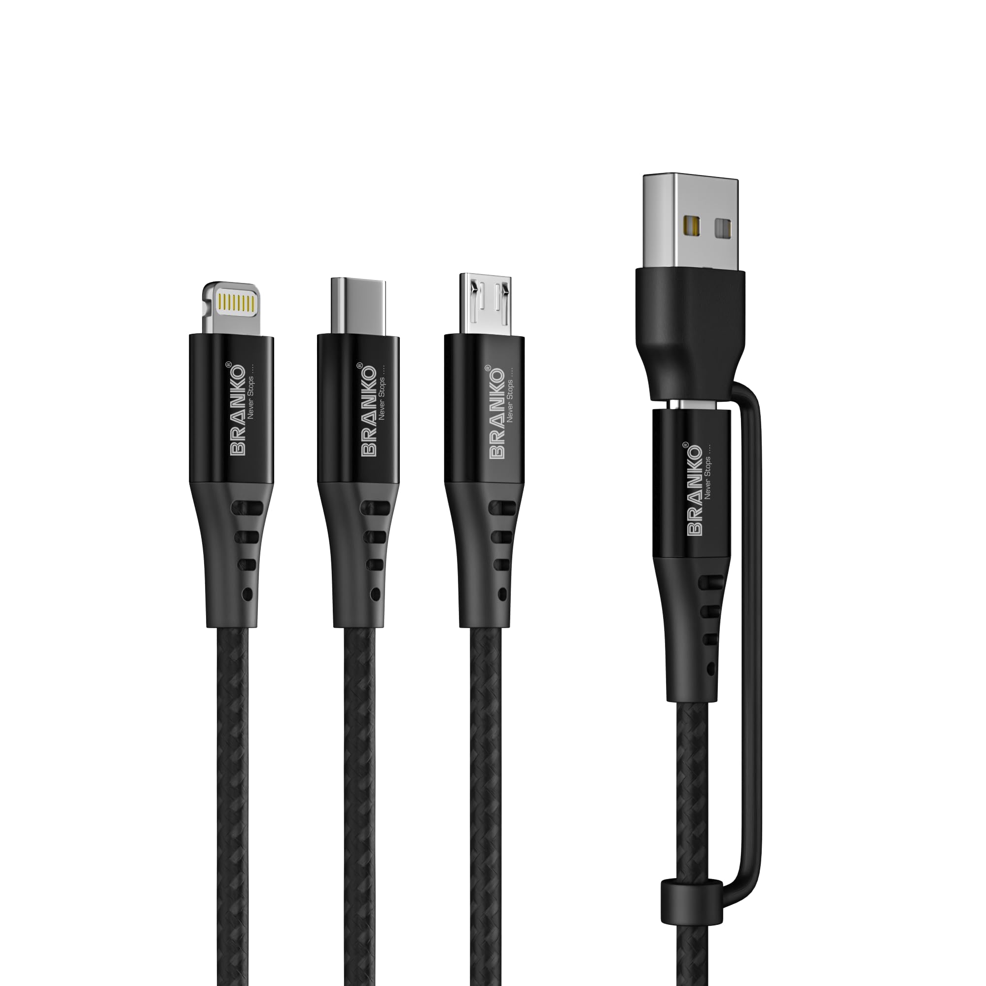 BRANKO 3.0 Fast Multi Functional Charging Cable Type C, USB A-Micro,8 Pin Nylon Braided with Extra strong & Tough Cable (Black) (B0CBNJS698) Amazon Price History, Amazon Price Tracker