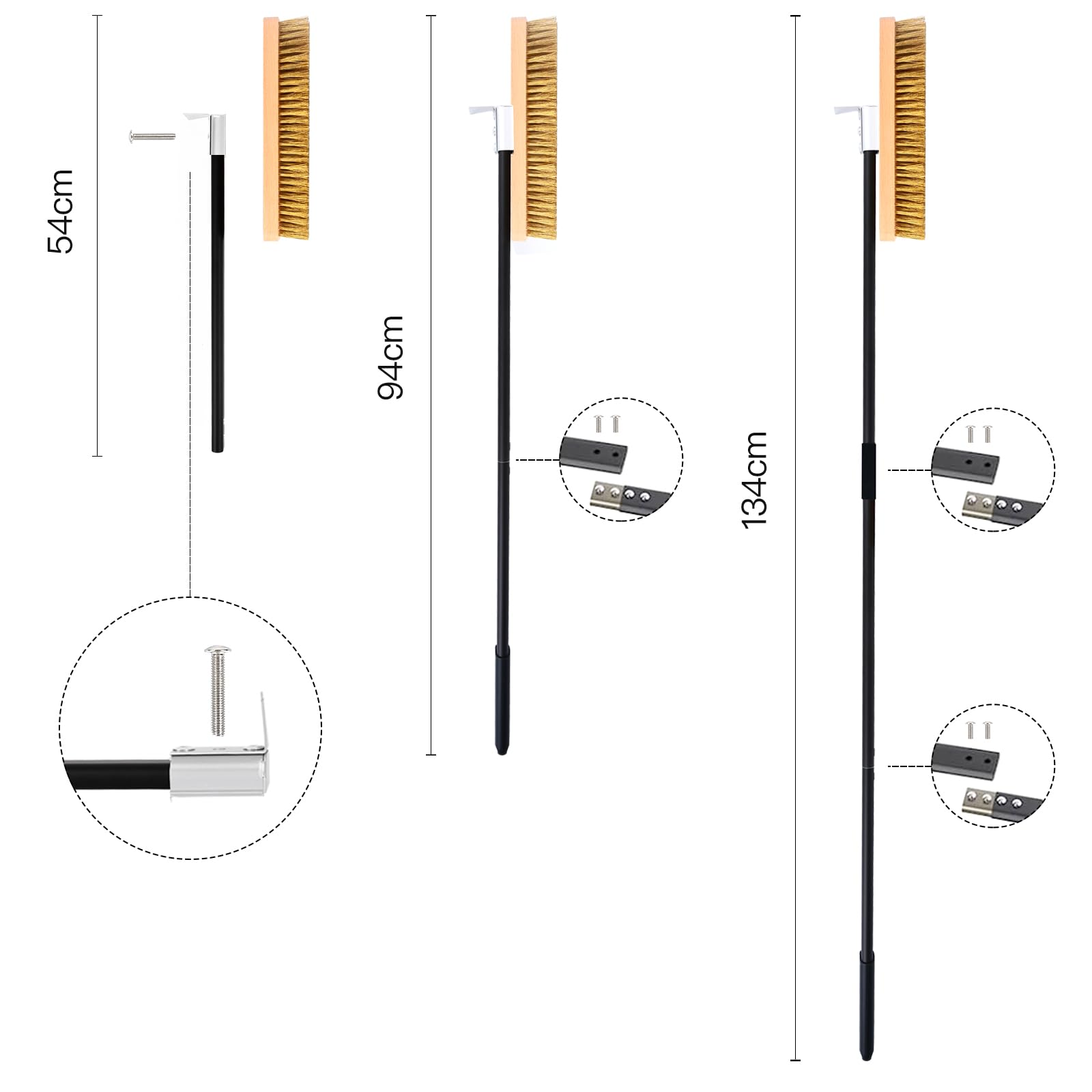Brosse de four à pizza avec grattoir en acier, longue poignée amovible en aluminium, grattoir à pizza avec brosse en laiton, 27 cm avec long manche 94 cm ou 134 cm