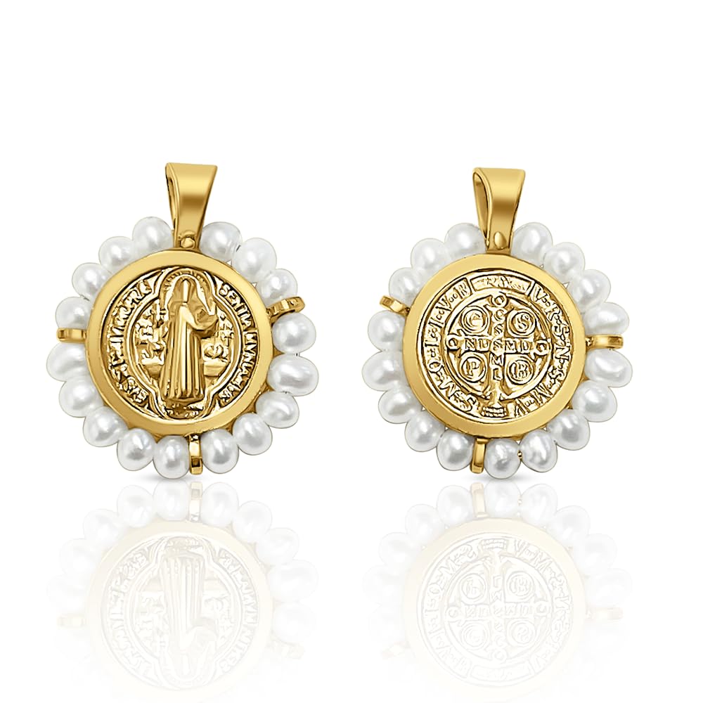 Medalla Colgante San Benito Oro de Ley con Perlas Cultivadas, 14 mm