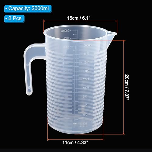 Miniatura 2 de PATIKIL Vaso graduado, paquete de 2 vasos medidores líquidos de plástico PP de 67.6 fl oz, graduaciones de doble cara con tapa de mango y boquilla
