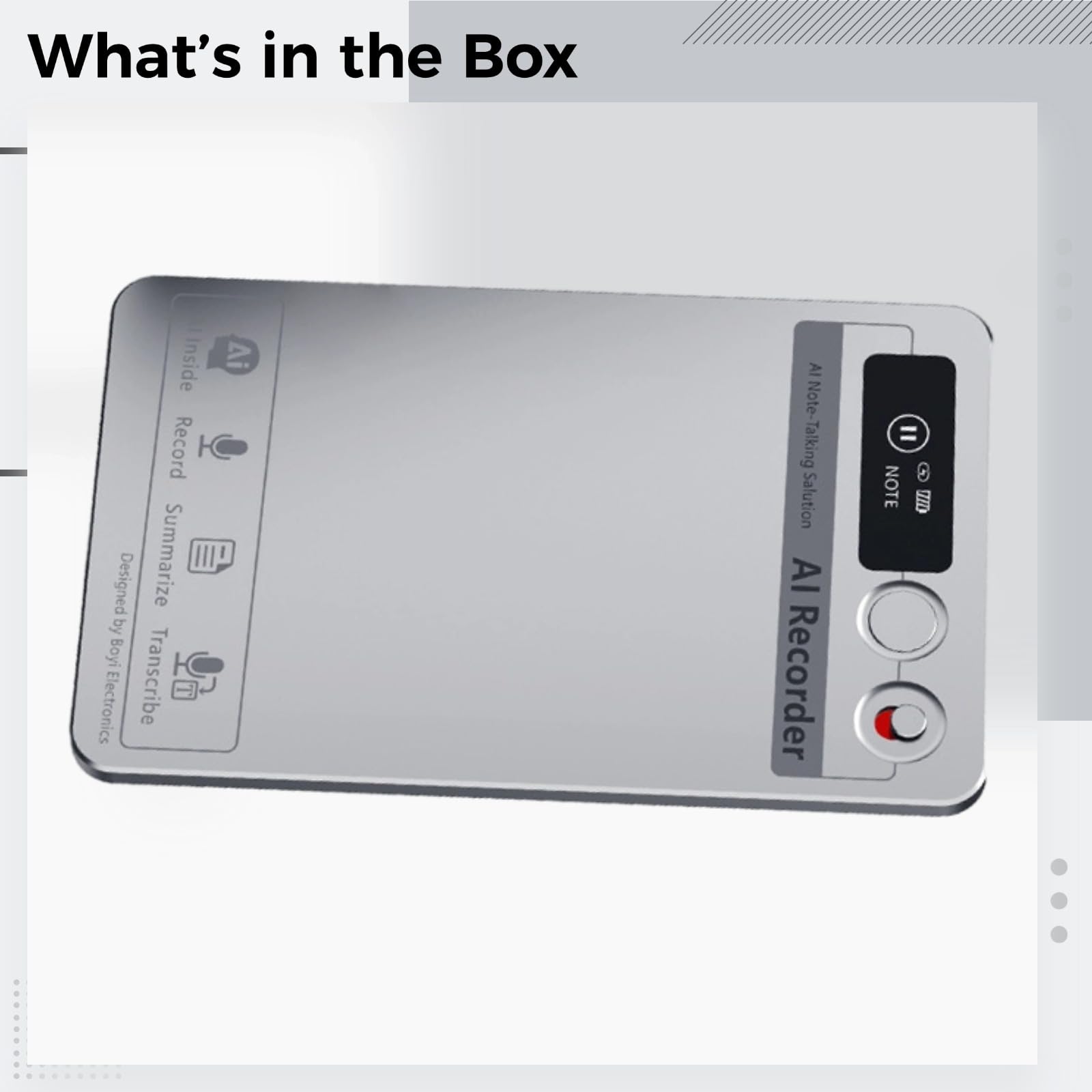 Grabadora de voz AI con transcripción, almacenamiento de 32 GB, reducción de ruido de doble micrófono, tamaño de tarjeta, grabación de una tecla, asistente de IA soporta muchos idiomas, gris plateado