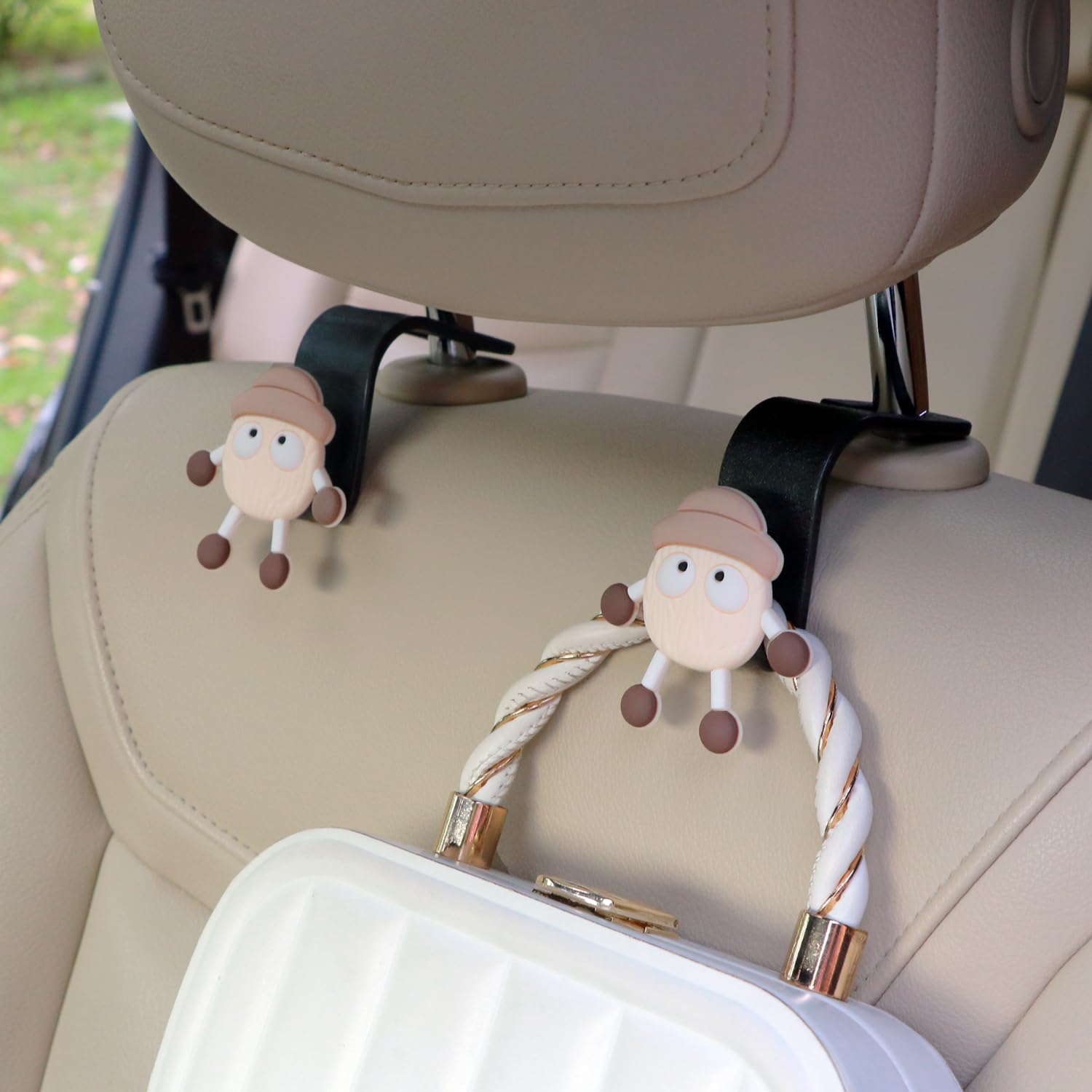 MaPctSy Car Seat Headrest Hooks for Purses and Bags Cute Plush Soot Sprite with Hat, Universal Vehicle Car Storage Organizer for Handbag 2pcs (off-white)