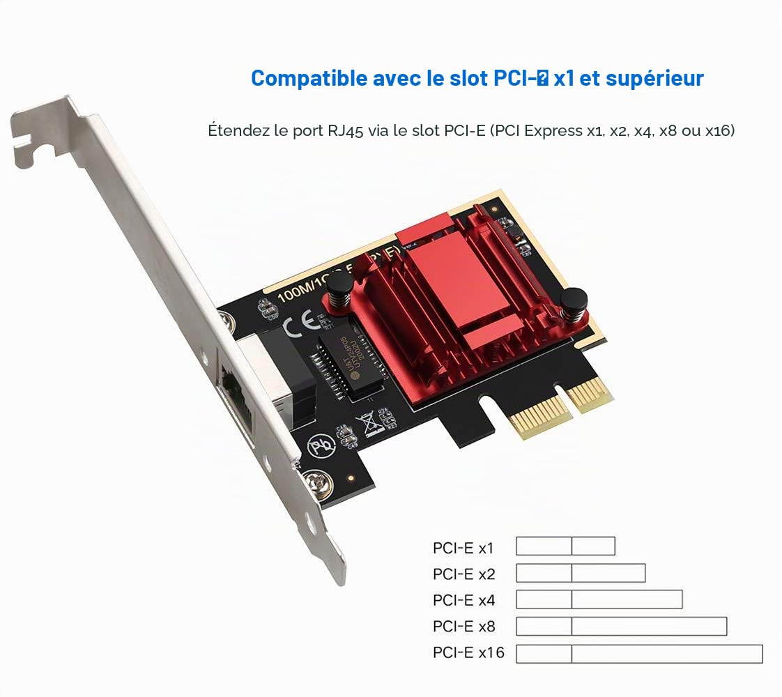 Adaptateur réseau 2,5 G - Base-T - PCIe - RTL8125B - 2500/1000/100Mbps - PCI Express - Carte Ethernet RJ45 - LAN - Support manette - PXE pour Windows/Linux/Mac avec profil bas