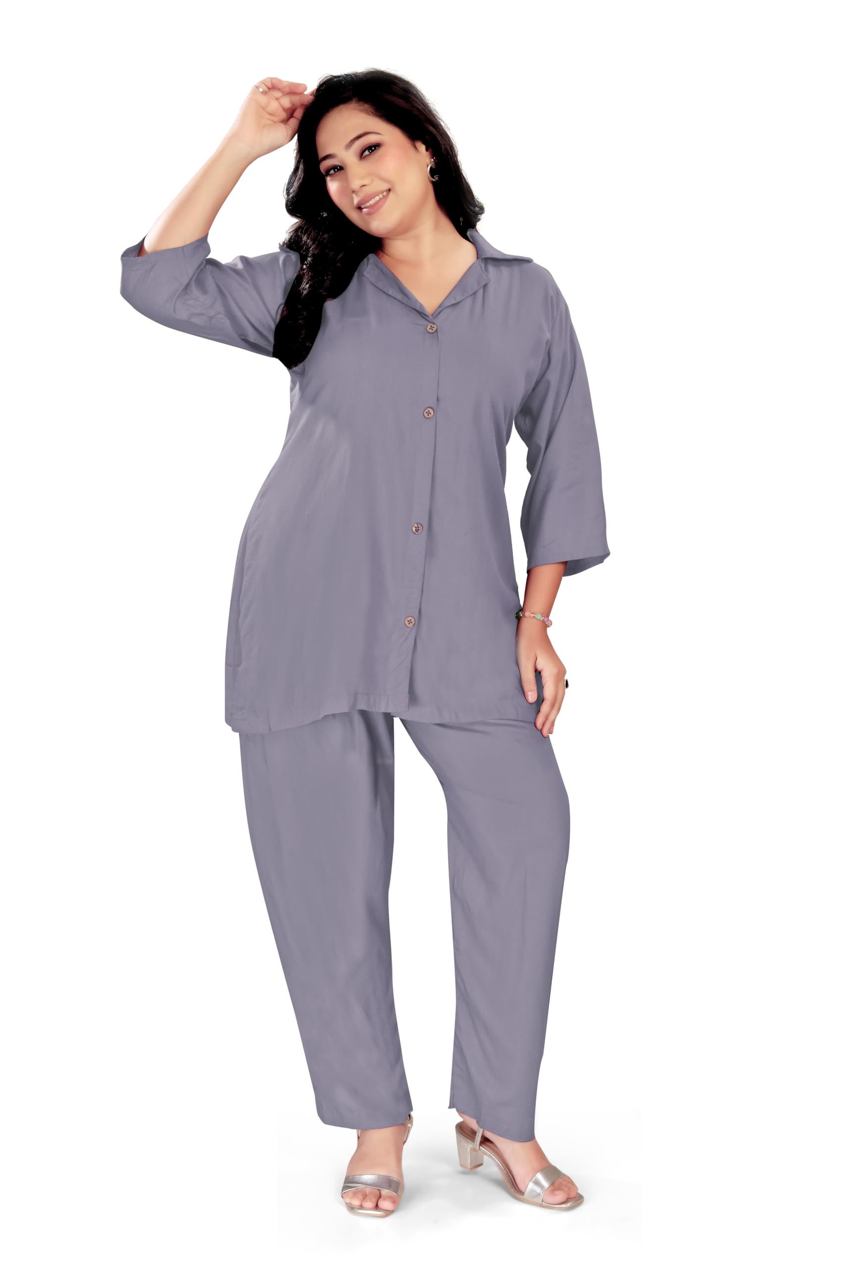 Women's Solid Rayon Co-ord Set | Shirt Collar Button-Down Top & Straight Pants | 3/4 Sleeves | Regular Fit | Casual, Office & Lounge Wear | L, XL, XXL-image-8