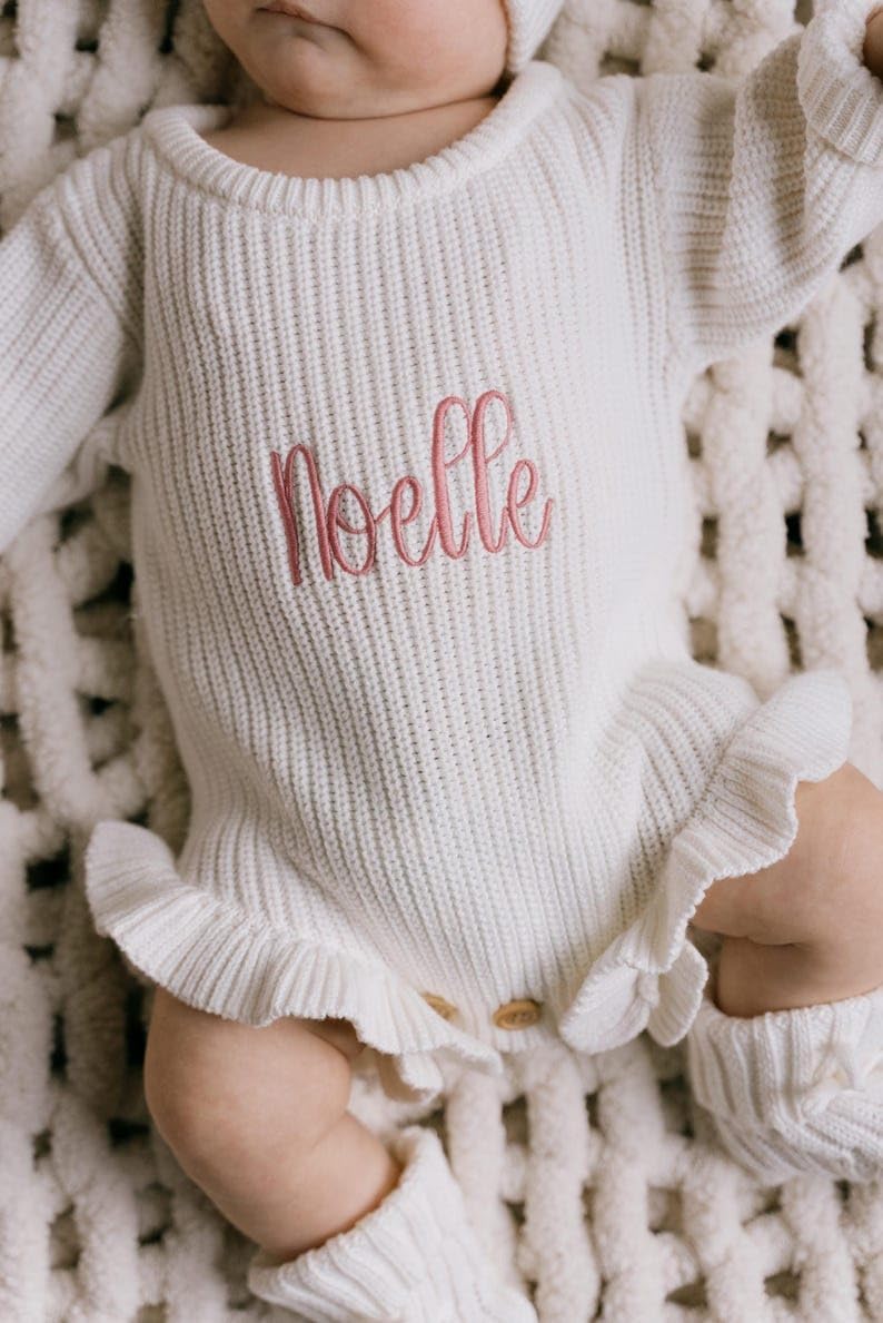 Personalized Chunky Knit Sweater Romper, Embroidered Name Outfit, Customized Newborn Clothes, One-Piece Keepsake