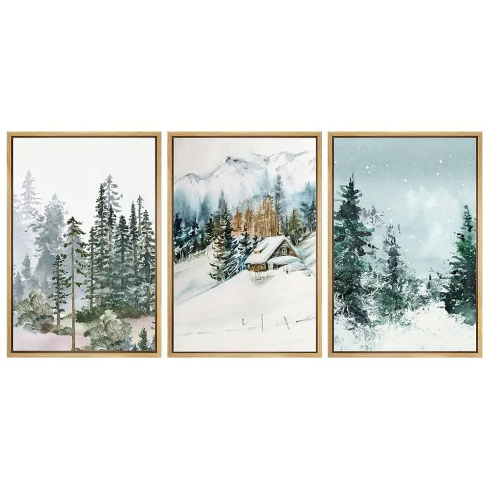 WBYZAC Botanical Posters-Canvas Print Wall Art Winter Snow Pine Tree Forest Cabin Nature Wilderness Art Rustic Calm Landscape for Living Room, Bedroom, Office Decor-60 * 70cm*3PCS (No Frame)