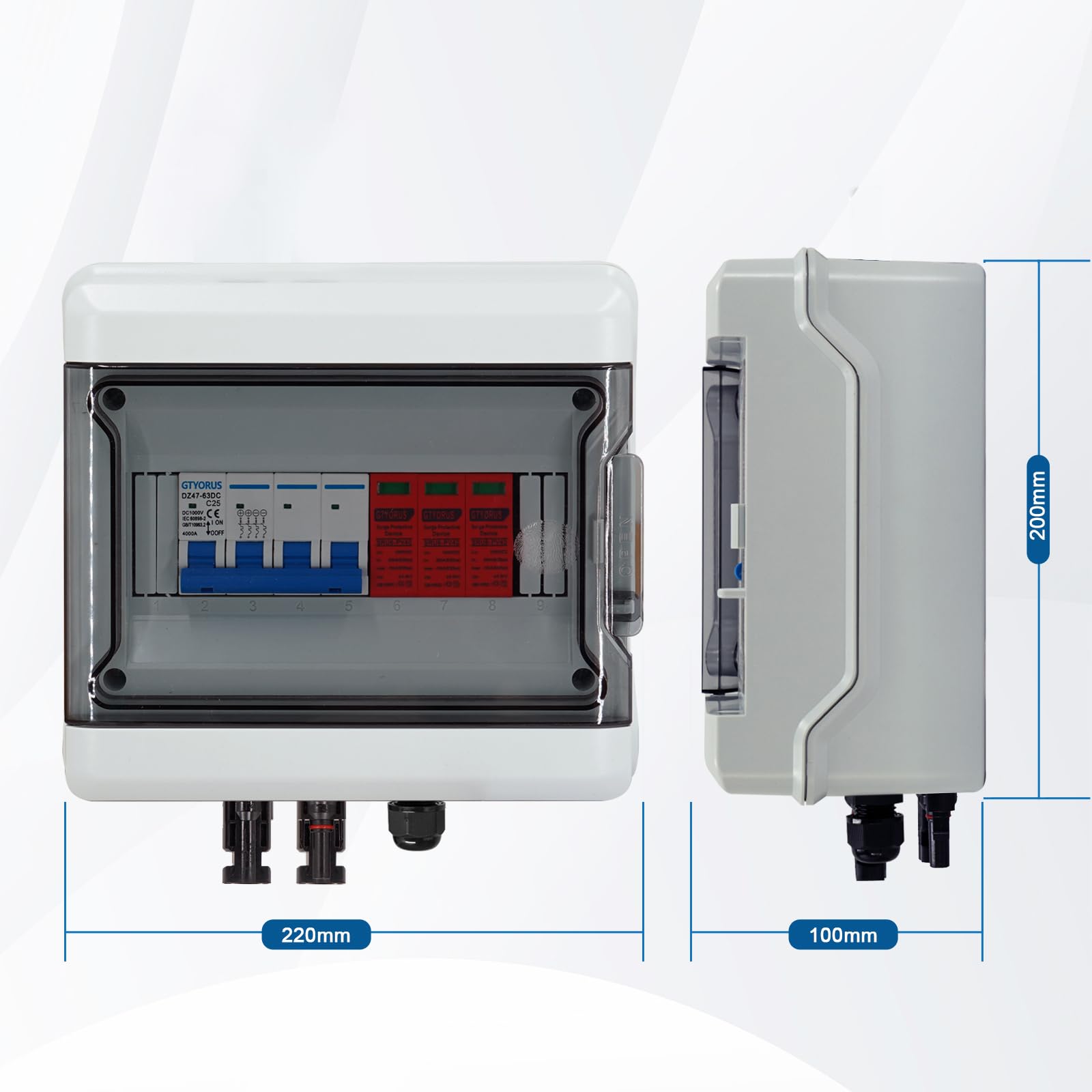 Boitier de Jonction Photovoltaïque Solaire, IP65 Protection Contre Les Surtensions DC Photovoltaïques, 1 String 1000V PV DC Disjoncteur avec Fiche Solaire(1 in 1 out, 25A)