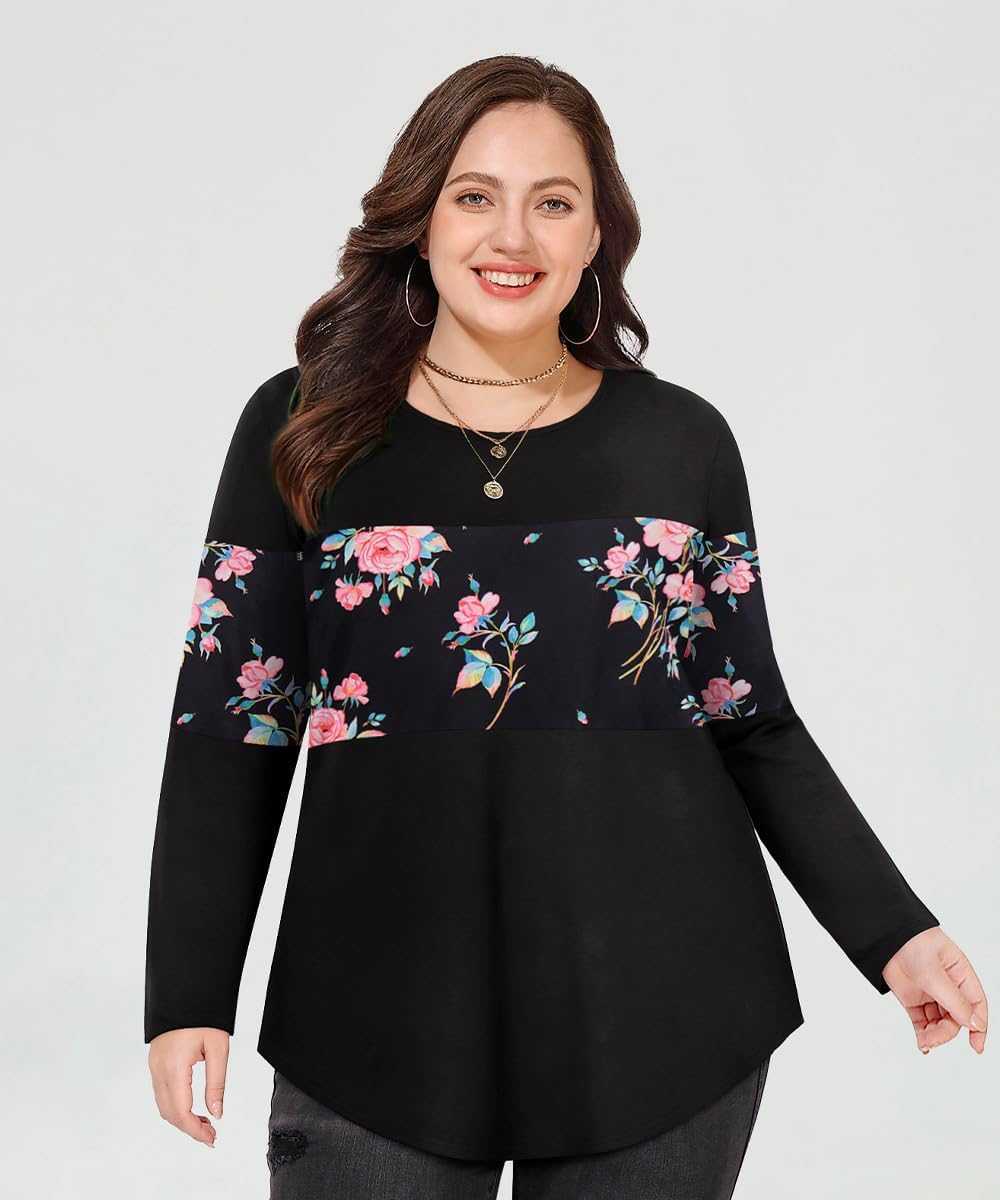 CARCOS Plus Size Tops for Women Color Block Flower/Striped/Camo Crew Neck Long Sleeve Tee Shirt - Image 3