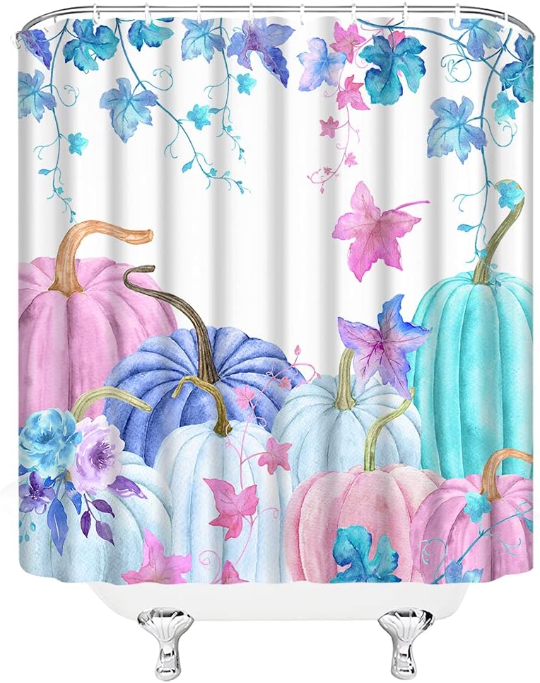 Fall Pumpkin Extra Long Shower Curtain, Watercolor Pumpkin with Leaves Harves Thanksgiving Colorful Autumn Rustic Farmhouse Holiday Blue Purple Bathroom Home Curtain Decor with Hooks,70"Wx84"H