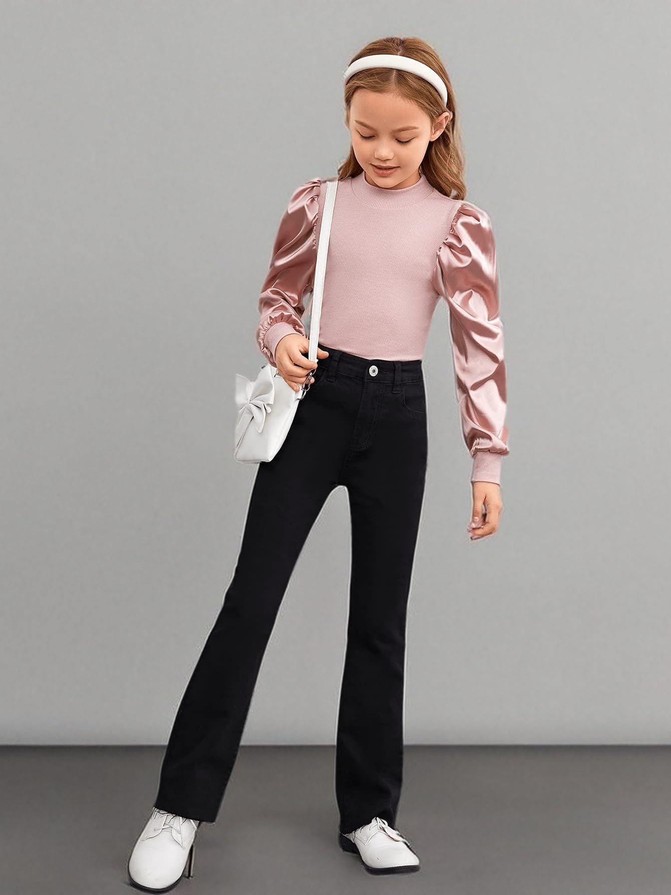 Floerns Girls Casual Puff Long Sleeve Round Neck Rib Knit Blouse Tee Tops Dusty Pink 11-12Y