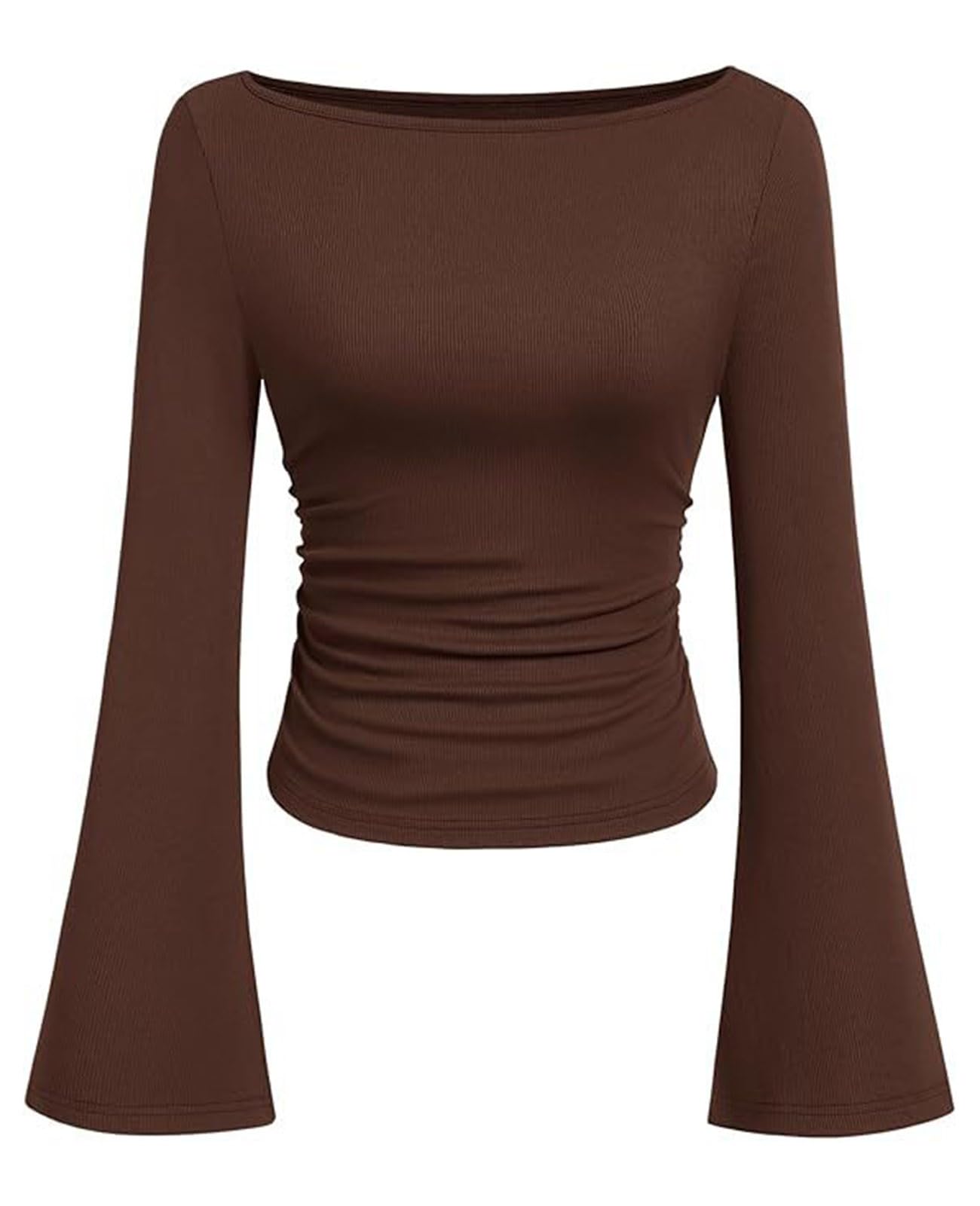Womens Bell Sleeve Cute Top Boat Neck Ribbed Knit Long Sleeve Shirts | Bell Bottom Sleeve, Cinched Waist Design, Y2K Boat Neck Ribbed T Shirts, Cute Slim Fit Ruched Crop Tops, Great for Going Out