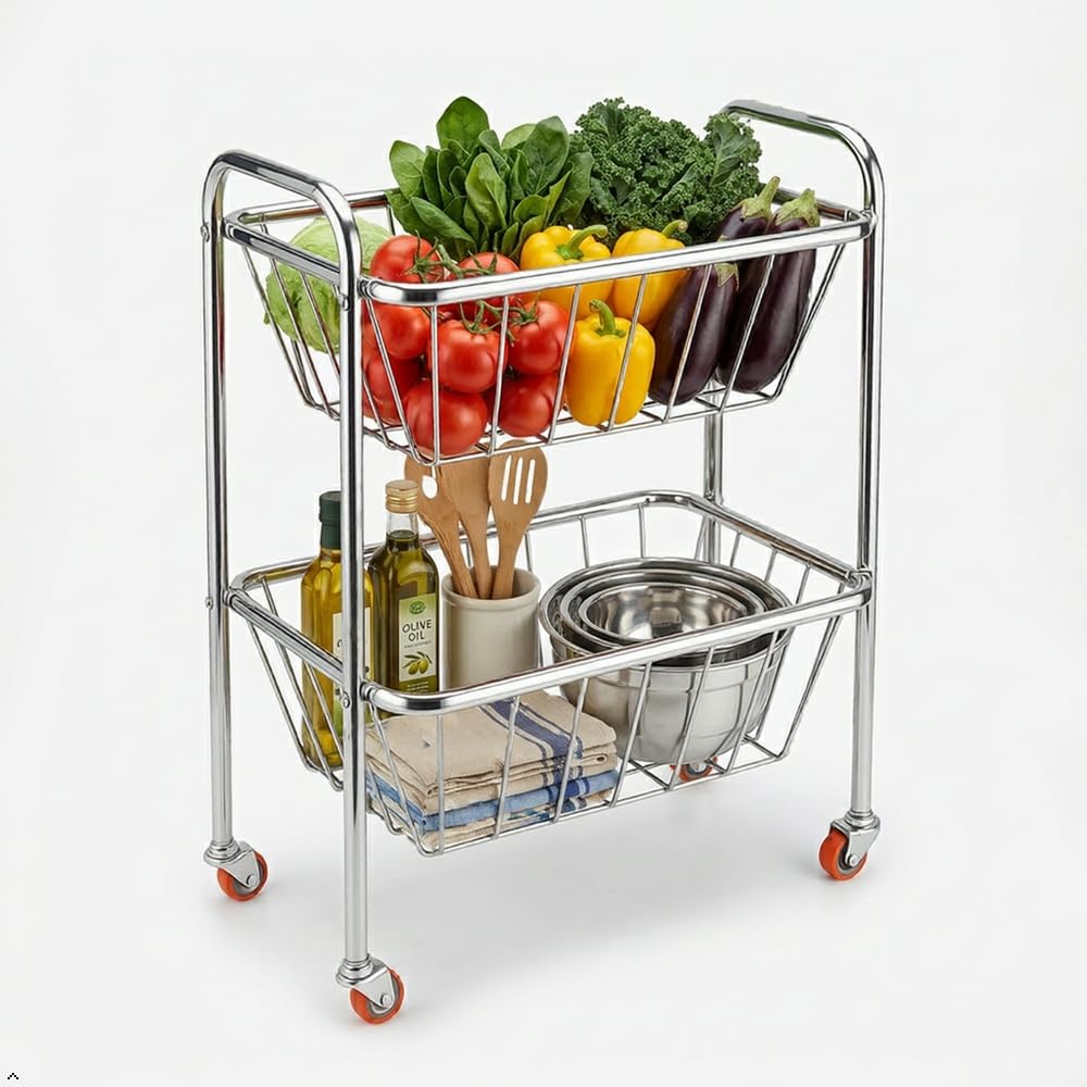 Stainless Steel Modern Kitchen Storage Rack Folding Perforated Design Trolley Spice Fruits and Vegetable Onion Potato Organizer Stand Trolley with Wheel Kitchen Trolley (2 Layer Trolley)-image-29