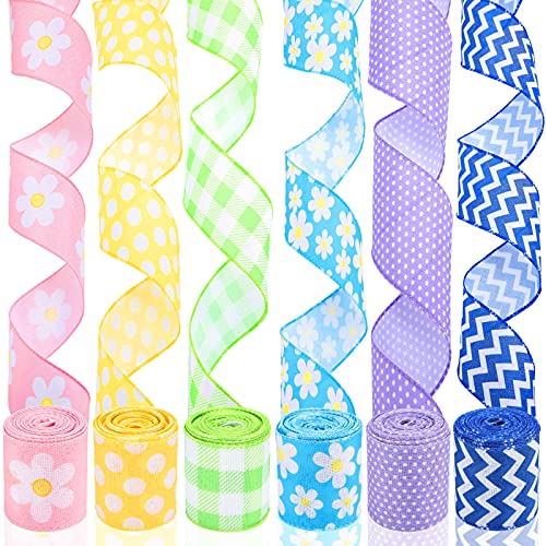 6 Rolls 30 Yards Flower Daisy Wired Edge Ribbon 2.5 Inch Spring Polka Dot Wired Ribbon Check Plaid Wave Pattern Fabric Summer Spring Decorative for DIY Holiday Decor Craft Wrapping(Fresh Colors)