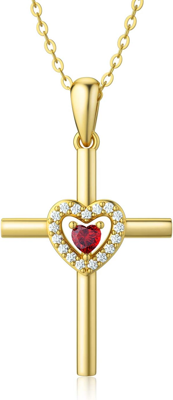 14K Gold Cross Necklace for Women Solid Crucifix Cross with Heart Pendant Necklace Anniversary Bithday Jewelry Gifts for Her,16+2 Inch