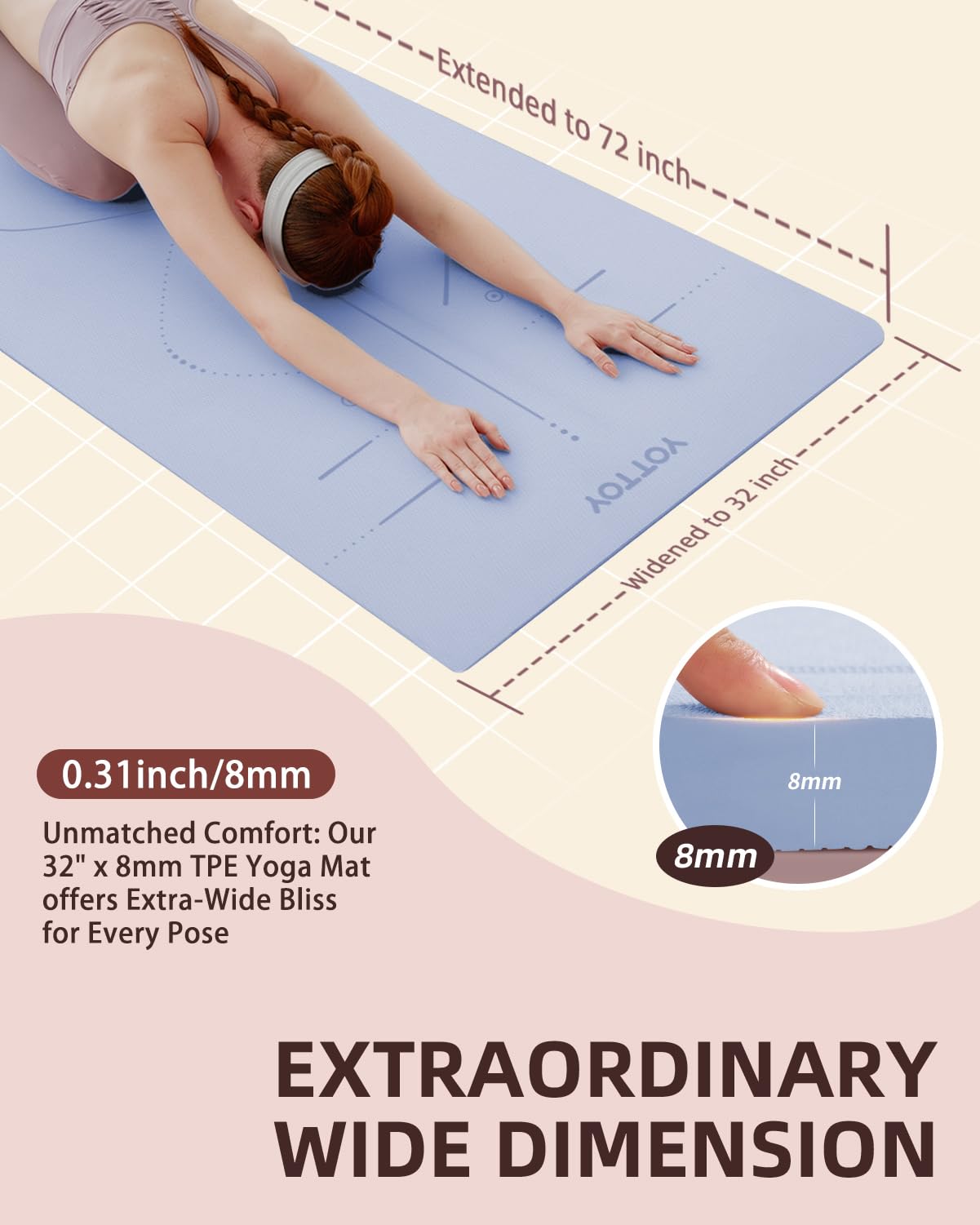 YOTTOY Yogamatte, 183,9 x 81,3 x 0,6 cm, extra breit, rutschfest, umweltfreundlich, TPE-Trainingsmatten für Damen und Herren, Heimtraining, mit Gurttasche