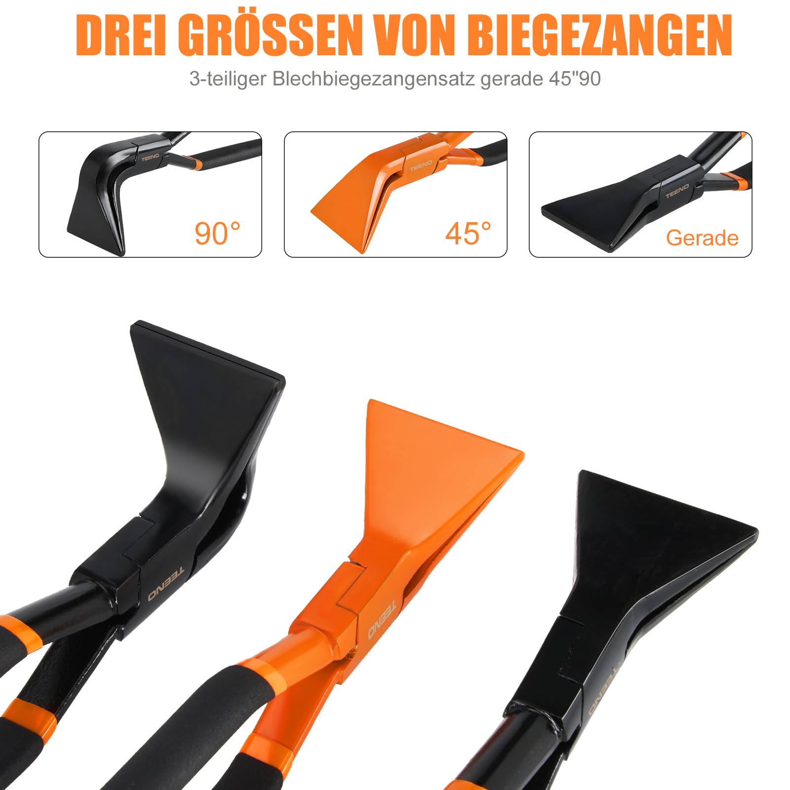 TEENO 3Tlg Abkantzange Biegezange Falzzange [0°], [45°] and [90°], Maulbreite 60mm, Blechbiegezange aus Kohlenstoffstahl, mit Handschuhe für Dachdecker Dekorateur Werkstatt und Heimwerker