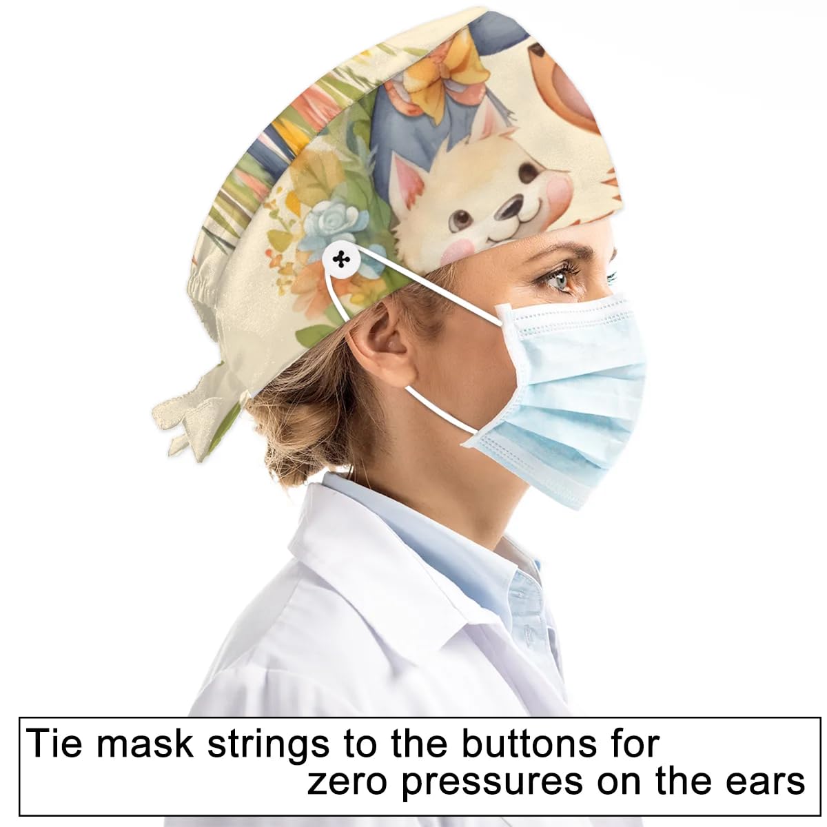 Mularoka Cute Watercolor Flower Foxes Working Caps with Button Sweatband Comfortable Adjustable Bouffant Hats Work Hat for Women Men