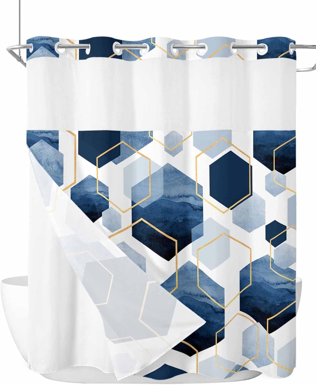 Blue Gold No Hooks Shower Curtain and Liner Set,Gradual Modern Abstract Geometric White Hotel Style Bathroom Shower Curtains Waterproof Polyester Bath Spa Bathtub Curtain with Sheer Window,72"x78"