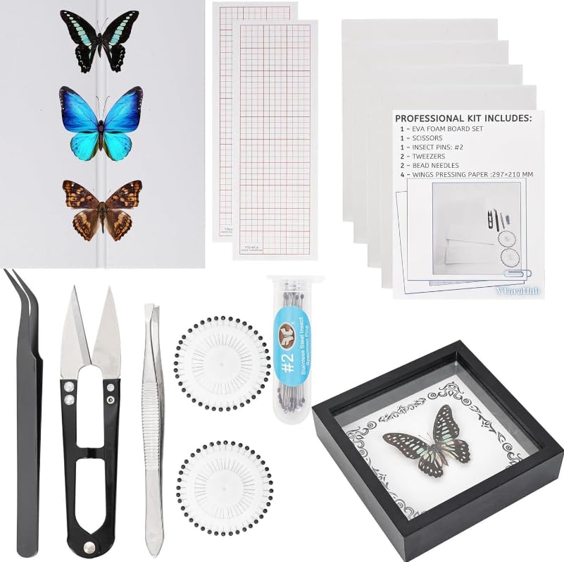Insect Pinning Kit, Insect Specimen Tools Kit Include EVA Foam Pinning Board, Coordinate Paper, Wings Pressing Paper, Insect Pins and Butterfly Pins for Beginners Bugs Collection