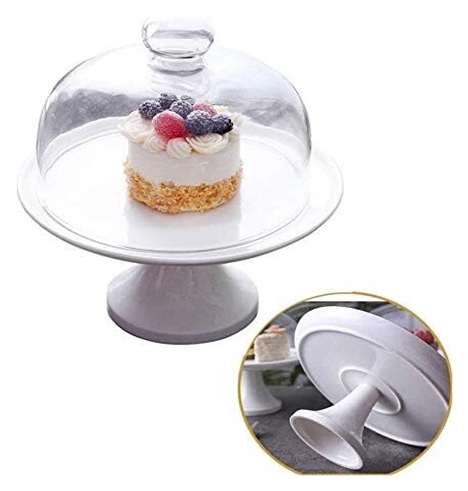 Stojak na tort Stojak na tort obrotowy Forma do pieczenia ciast w kształcie kopuły, biała, ze szklaną pokrywą. Taca ekspozycyjna na ciasto w formie kopuły na tort urodzinowy