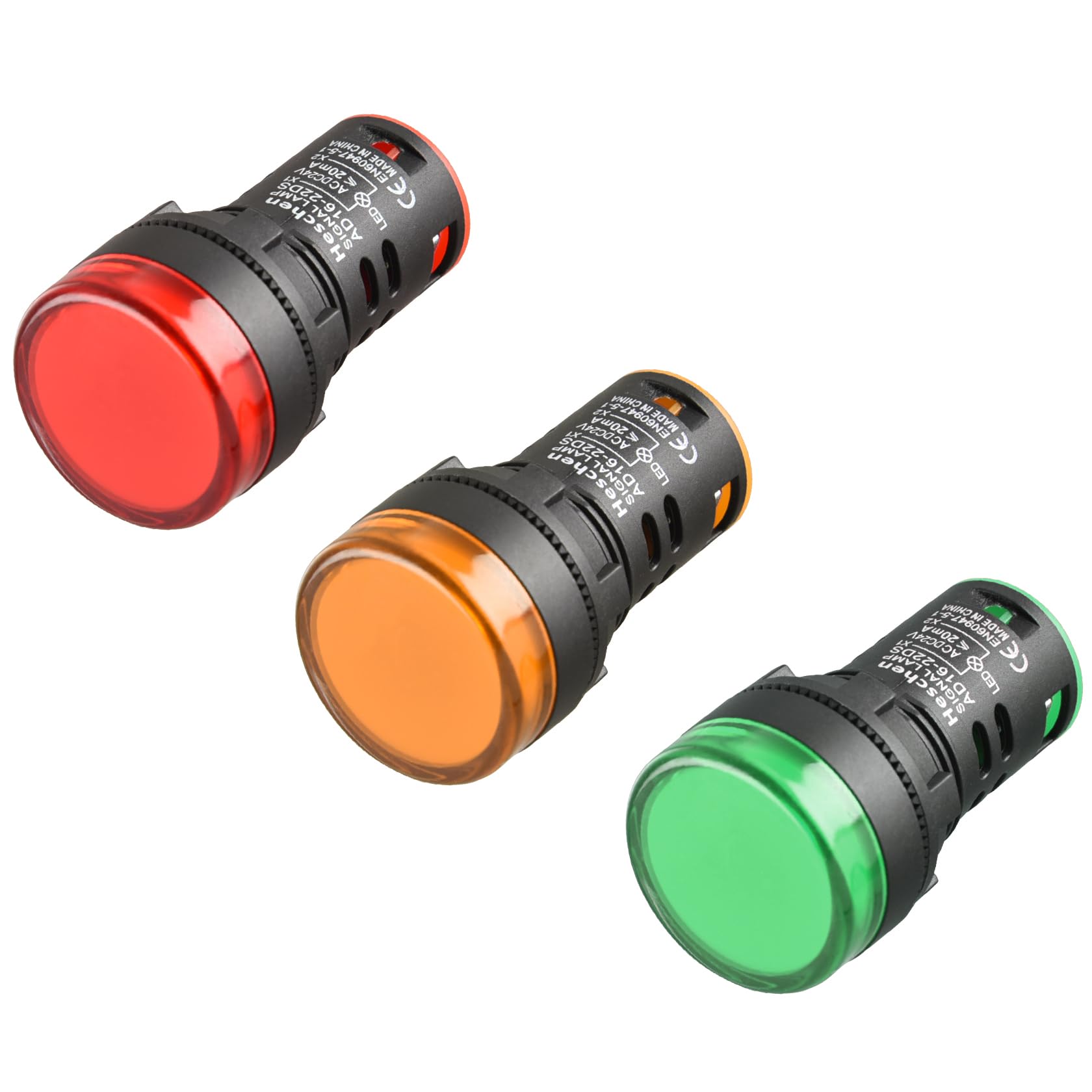 Heschen 22mm LED Indicator Pilot Light, AD16-22D/S, 24VDC 20mA, Red Green Yellow Light Colour, 3Pack