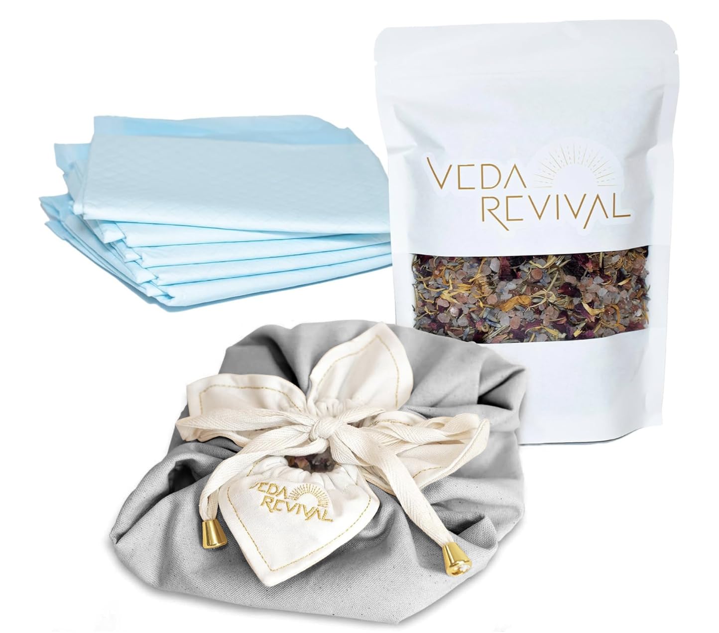 Lotus Birth Kit | Aromatic Herbal Blend, Wide-Rimmed Cotton Placenta Grey Bag with Drawstring | Home Birth Supplies | 3 Elements in 1 Pack