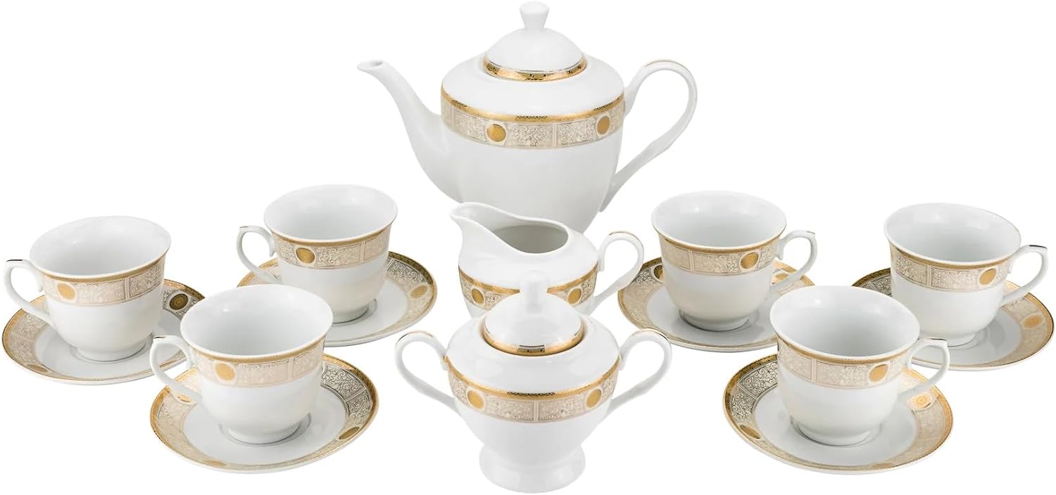 GPJS186-17 17-Piece Porcelain Tea Set, Elegant White Fine China with Teapot Sugar Creamer Cups and Saucers, Durable Gift Boxed Tea Service for Weddings and Parties